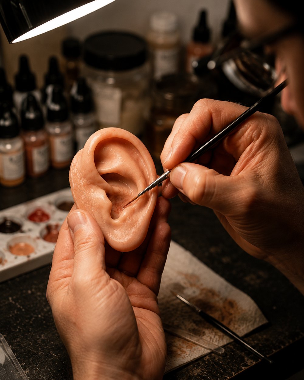 An anaplastologist hand-painting a custom silicone ear prosthesis to match a patient's skin tone